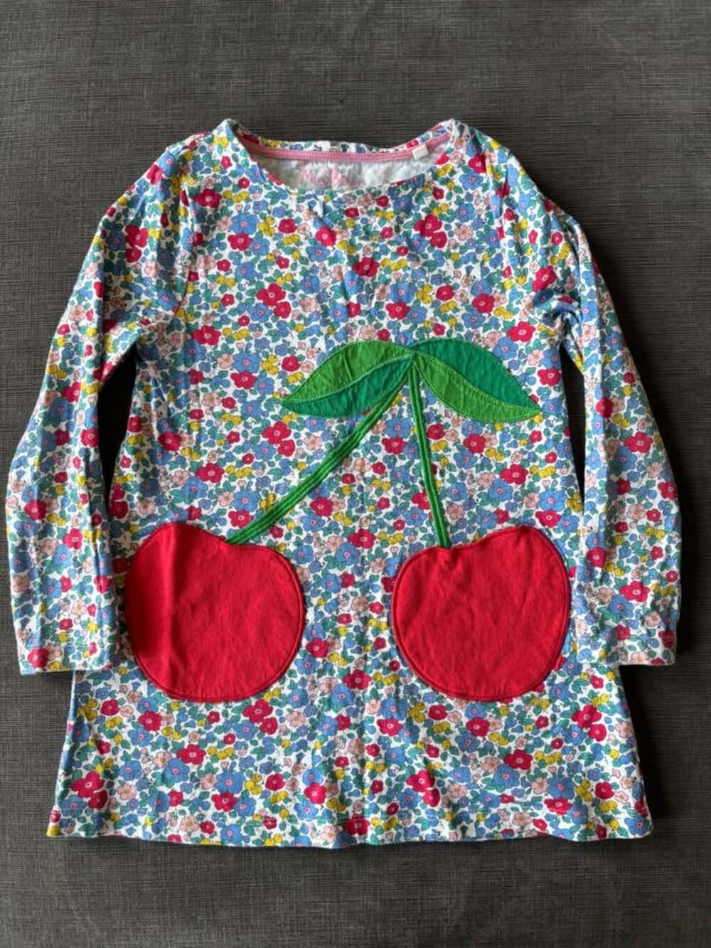 Mini Boden Girls Floral Cherry Appliqué Pocket Tunic Dress Size 6-7Y / 122cm